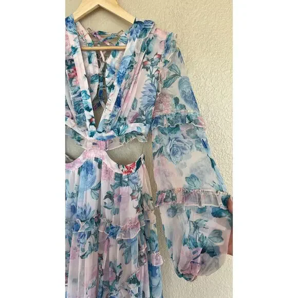L'atiste Watercolor Floral Cutout Maxi Dress Small Lace Up Back Tiered Feminine - Picture 7 of 9